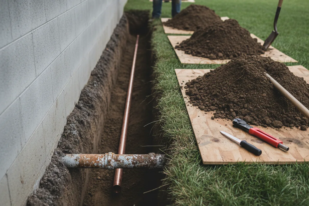 Excavated water line trench during Water Heater Repair in Woolwine